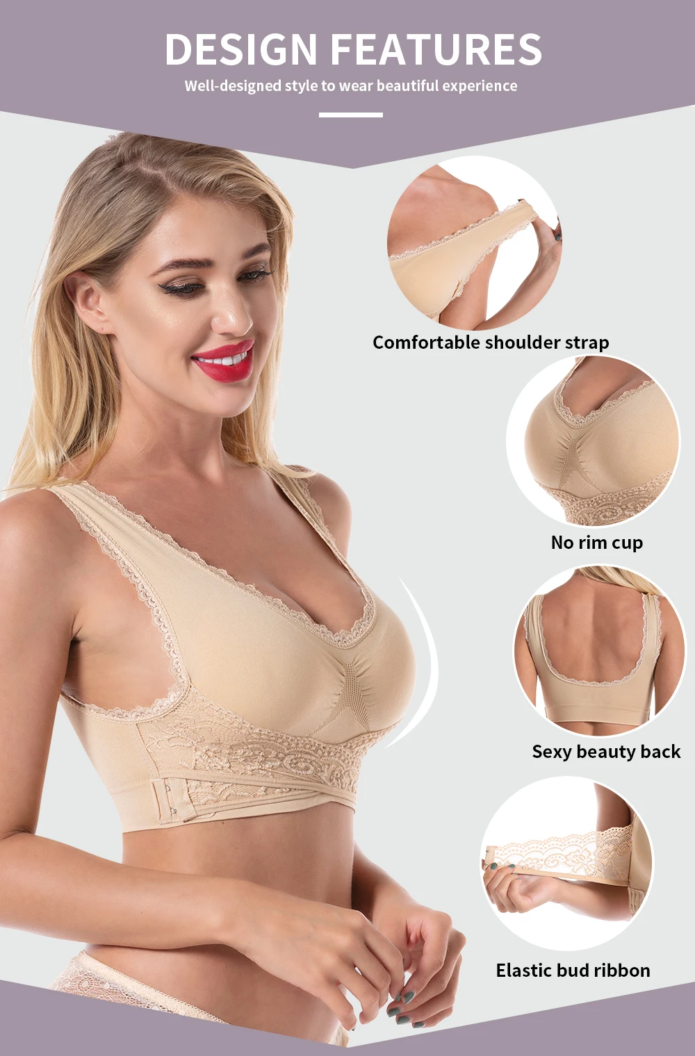 Front Cross Side Buckle Wireless Lace Sports Bras